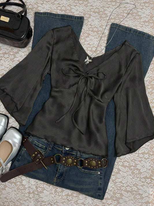 INAWLY Women's Solid Color V-Neck Tie Flare Sleeve Casual Shirt