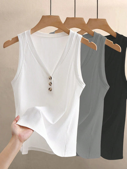 INAWLY Women's Solid V-Neck Casual Versatile Daily Wear Top