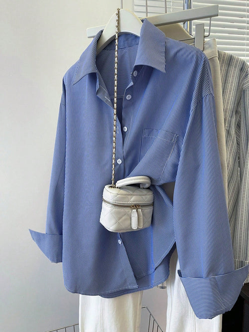 INAWLY Women's Striped Long Sleeve Single Breasted Blue Casual Shirt