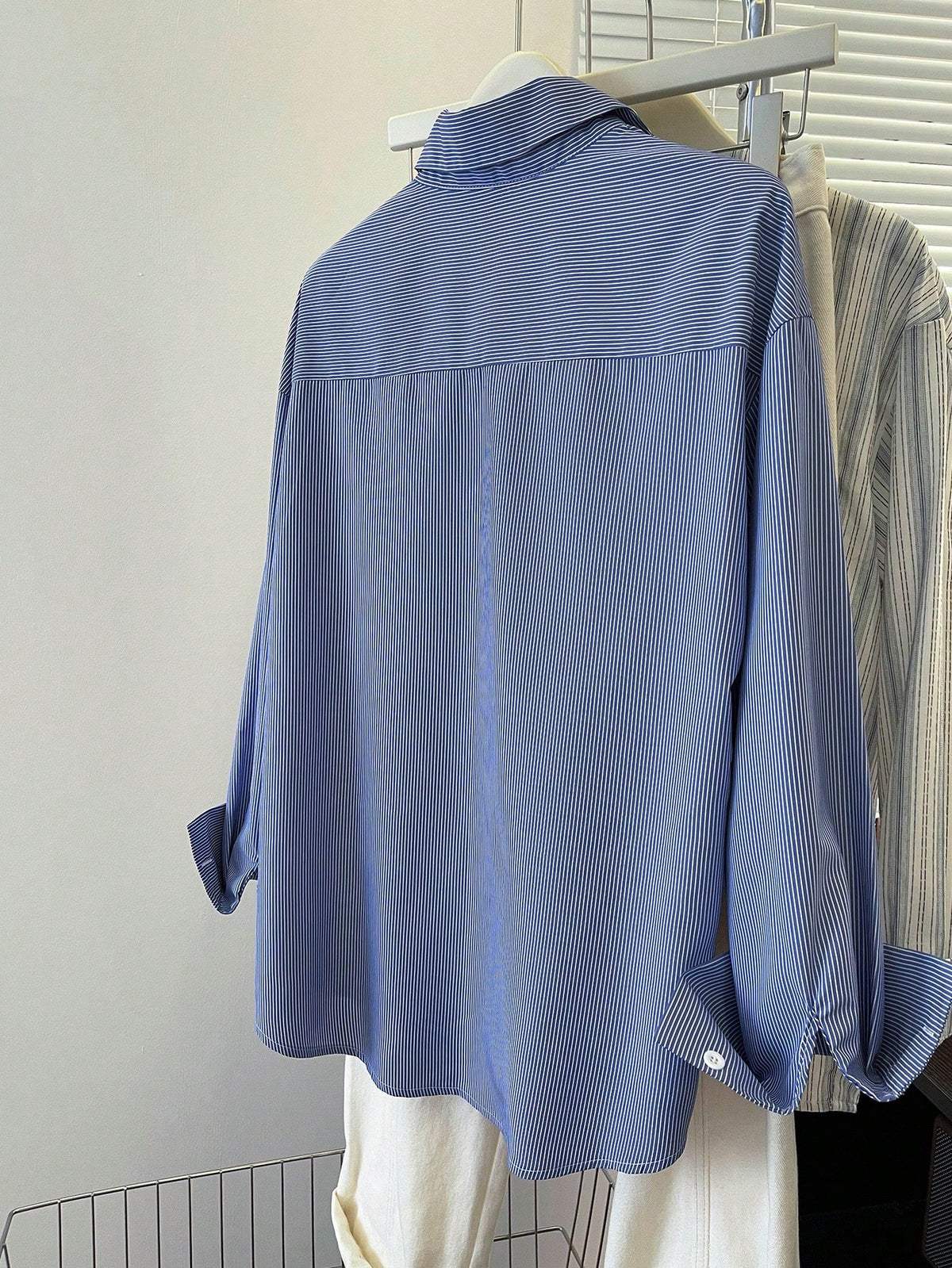 INAWLY Women's Striped Long Sleeve Single Breasted Blue Casual Shirt