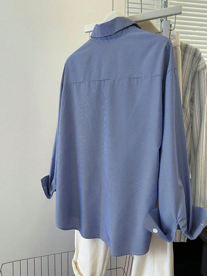 INAWLY Women's Striped Long Sleeve Single Breasted Blue Casual Shirt