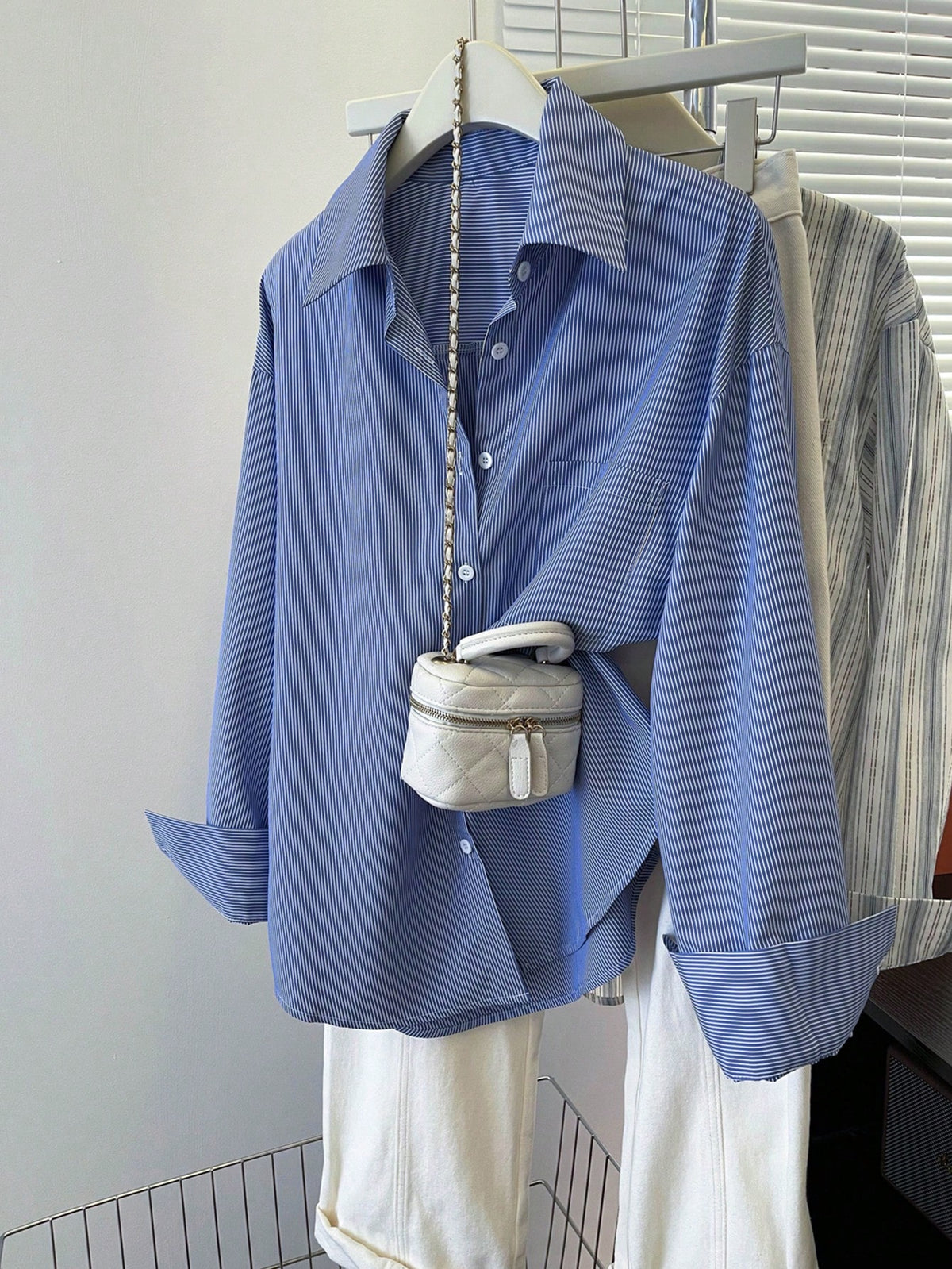 INAWLY Women's Striped Long Sleeve Single Breasted Blue Casual Shirt