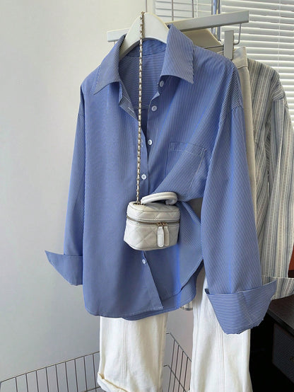 INAWLY Women's Striped Long Sleeve Single Breasted Blue Casual Shirt