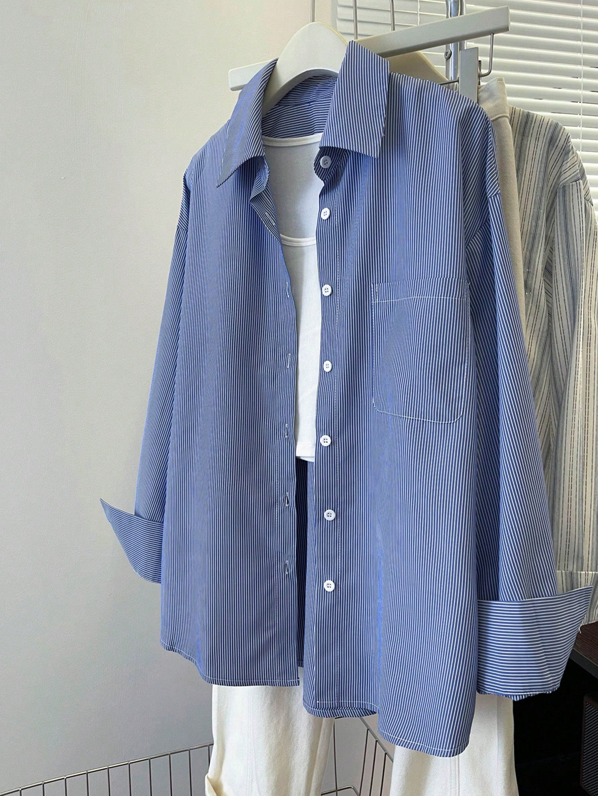 INAWLY Women's Striped Long Sleeve Single Breasted Blue Casual Shirt