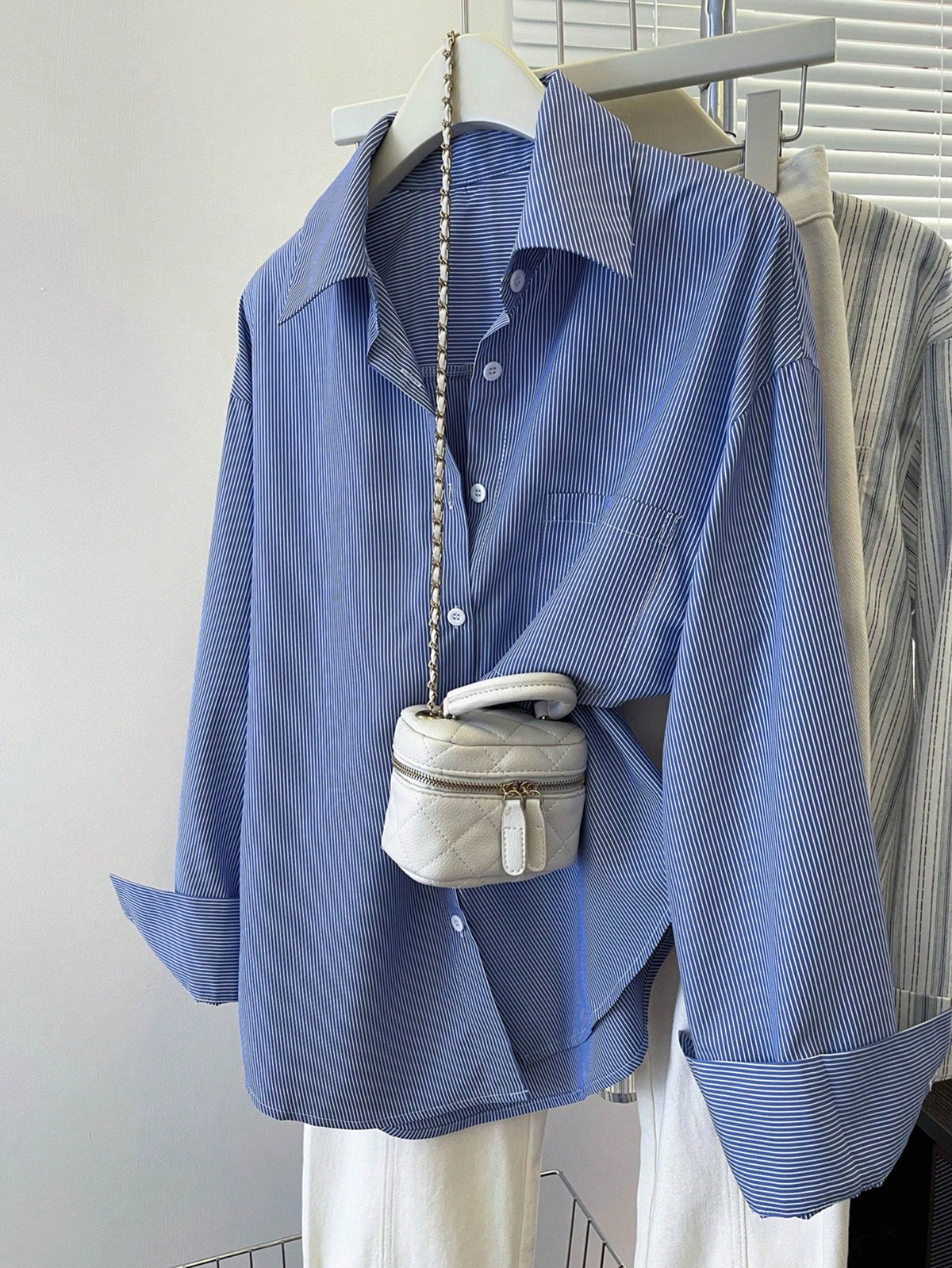 INAWLY Women's Striped Long Sleeve Single Breasted Blue Casual Shirt