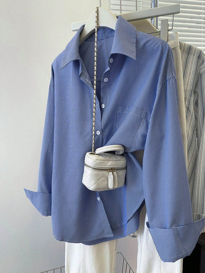 INAWLY Women's Striped Long Sleeve Single Breasted Blue Casual Shirt