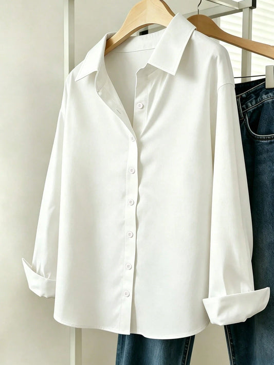 INAWLY Women Solid Color Simple Style Button-Up Daily Shirt Fall Cloth For Women