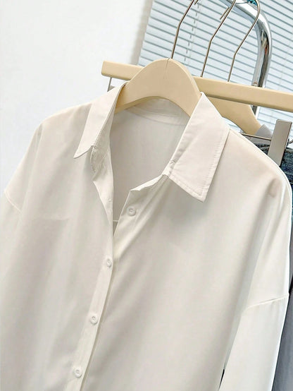 INAWLY Women Solid Color Simple Style Button-Up Daily Shirt Fall Cloth For Women