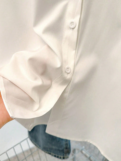INAWLY Women Solid Color Simple Style Button-Up Daily Shirt Fall Cloth For Women