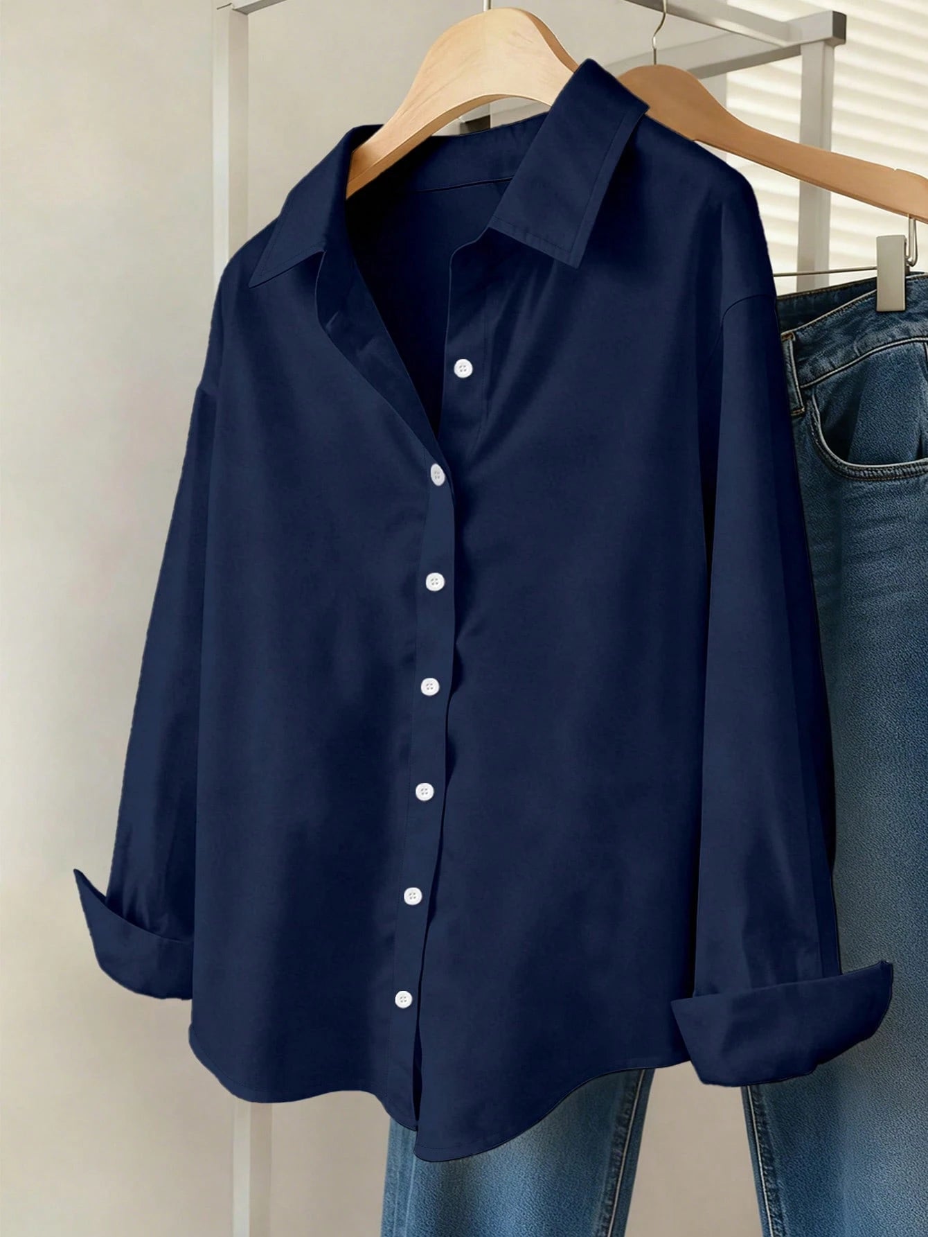 INAWLY Women Solid Color Simple Style Button-Up Daily Shirt Fall Cloth For Women