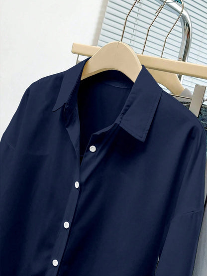 INAWLY Women Solid Color Simple Style Button-Up Daily Shirt Fall Cloth For Women