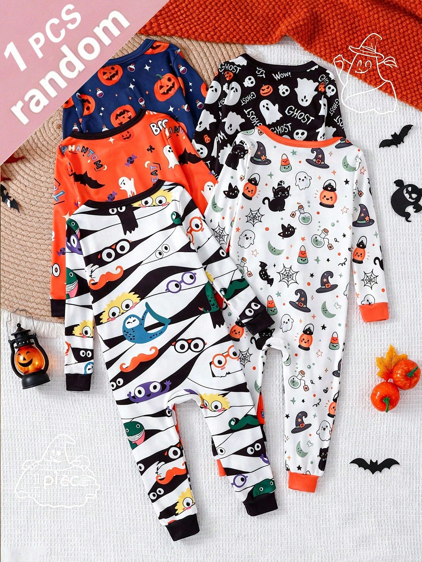 Infant Boys Halloween Pumpkin & Little Ghost All-Over Print Cartoon Fitted Long Sleeve Bodysuit, Footless, Random 1pc