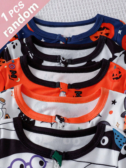 Infant Boys Halloween Pumpkin & Little Ghost All-Over Print Cartoon Fitted Long Sleeve Bodysuit, Footless, Random 1pc