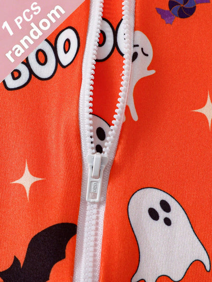 Infant Boys Halloween Pumpkin & Little Ghost All-Over Print Cartoon Fitted Long Sleeve Bodysuit, Footless, Random 1pc