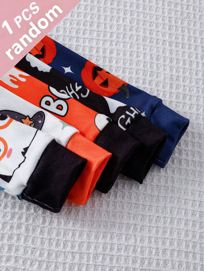 Infant Boys Halloween Pumpkin & Little Ghost All-Over Print Cartoon Fitted Long Sleeve Bodysuit, Footless, Random 1pc