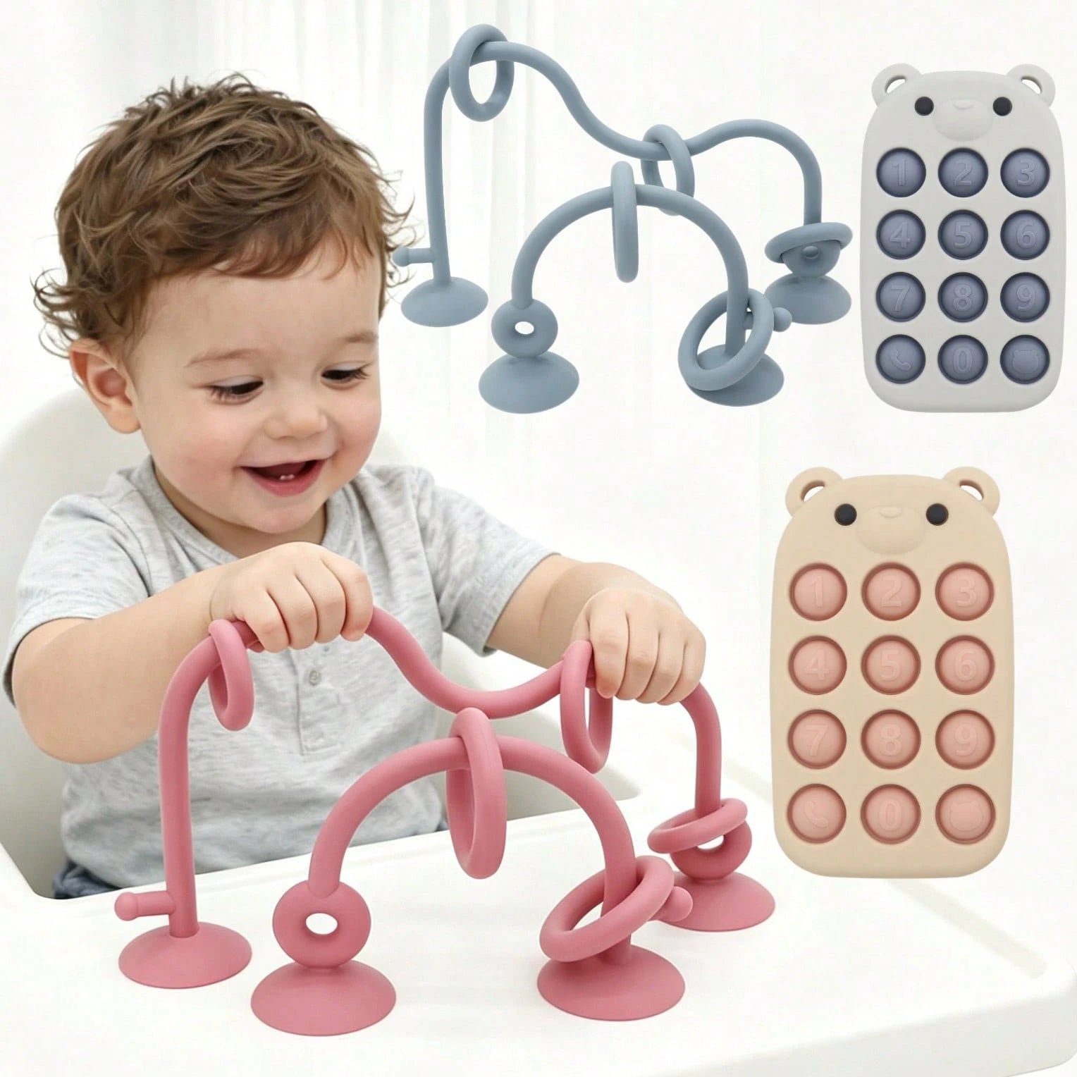 Infant Silicone Educational Toy Set, Desktop Focus Toys And Bear Phone Stress Relief Toy, Essential For Soothing Baby During Travel, Exercises Baby's Hand-Eye Coordination And Fine Motor Skills, Deskt