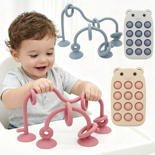 Infant Silicone Educational Toy Set, Desktop Focus Toys And Bear Phone Stress Relief Toy, Essential For Soothing Baby During Travel, Exercises Baby's Hand-Eye Coordination And Fine Motor Skills, Deskt