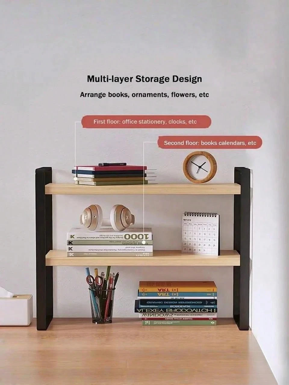 Iron Office Desk Storage Rack- Compact Multi-Tier Shelving Unit For Office Supplies, Books, And Decor- Rectangular Design With Minimalist Aesthetics