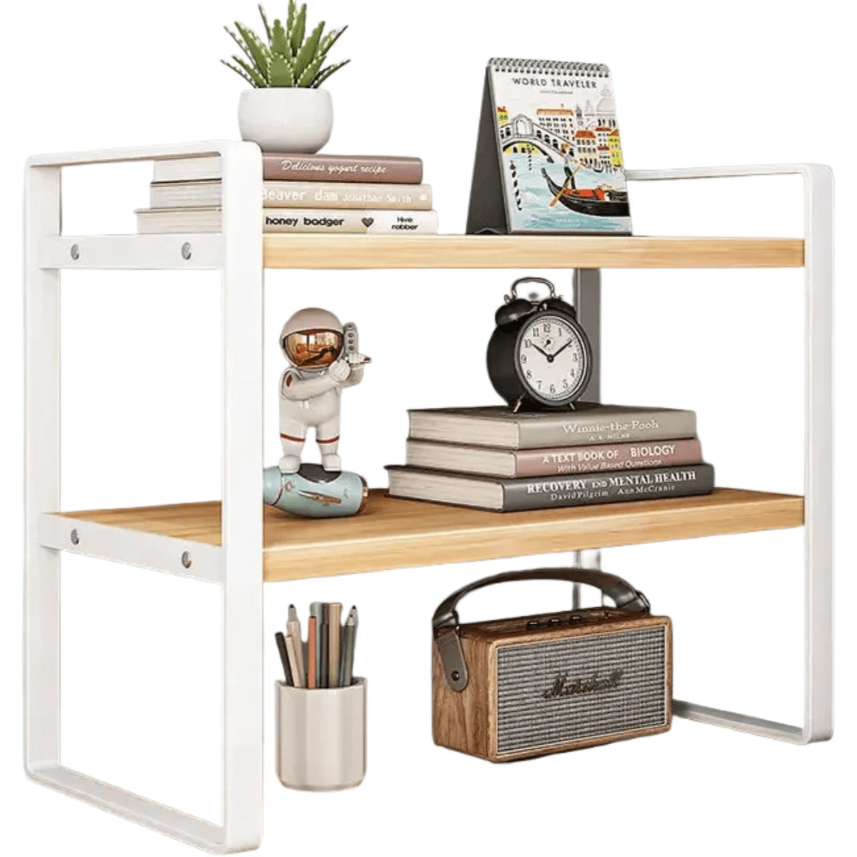 Iron Office Desk Storage Rack- Compact Multi-Tier Shelving Unit For Office Supplies, Books, And Decor- Rectangular Design With Minimalist Aesthetics