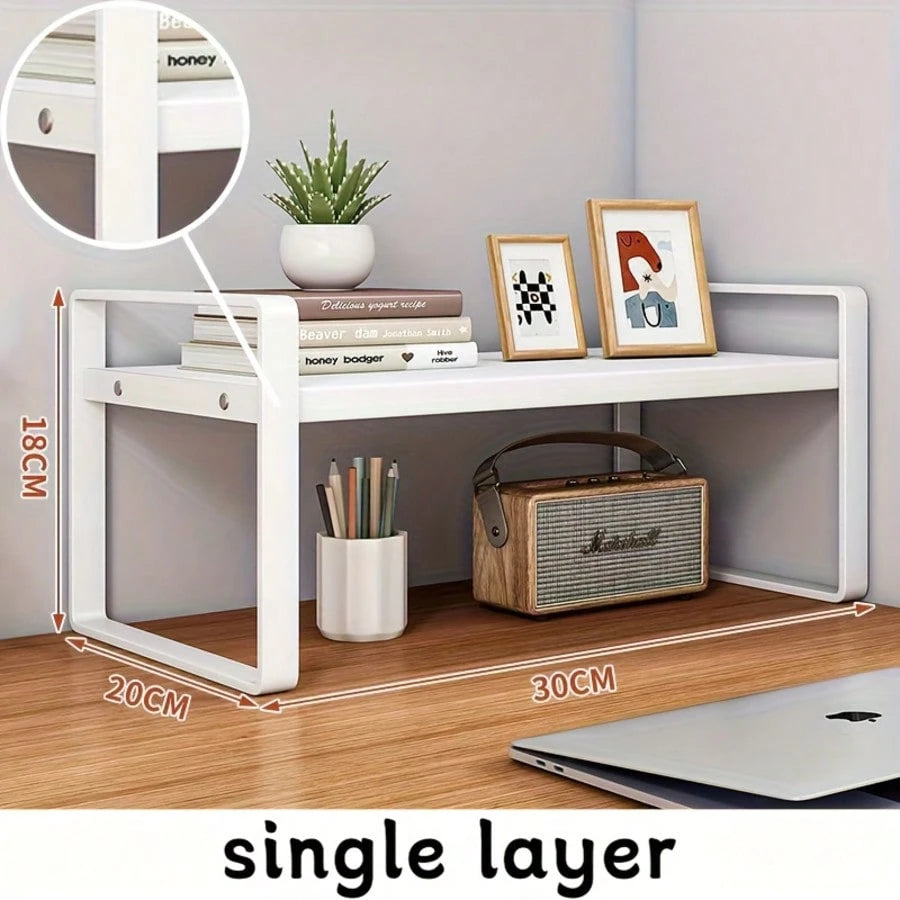 Iron Office Desk Storage Rack- Compact Multi-Tier Shelving Unit For Office Supplies, Books, And Decor- Rectangular Design With Minimalist Aesthetics