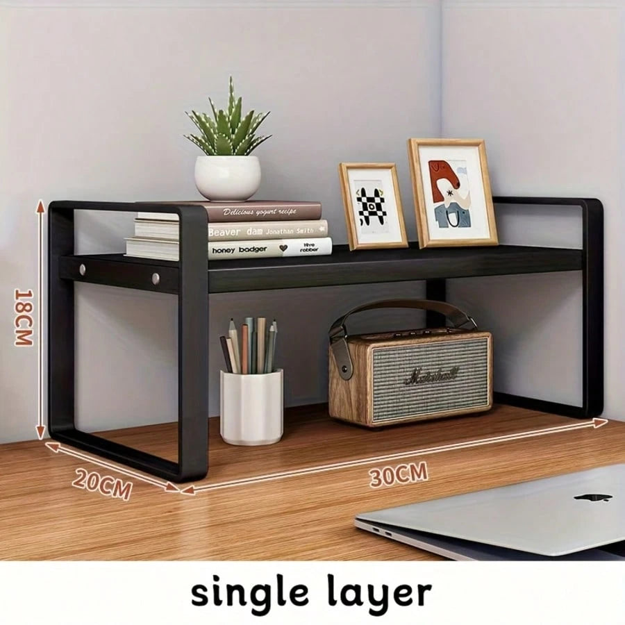 Iron Office Desk Storage Rack- Compact Multi-Tier Shelving Unit For Office Supplies, Books, And Decor- Rectangular Design With Minimalist Aesthetics