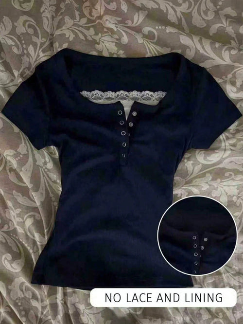 IslaSuriya Glimmora Y2KStyle Women's Casual Commuting Press Buttoned Short Sleeve Fitted T-Shirt, Without Lining, Summer