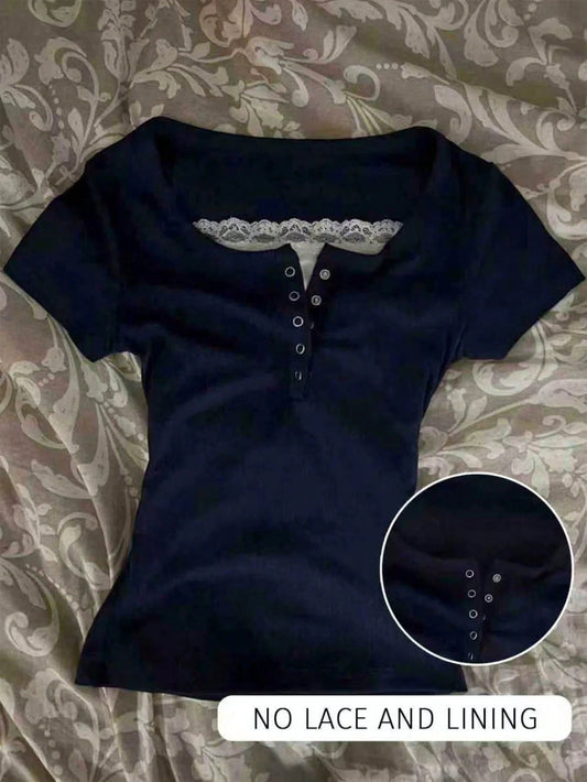 IslaSuriya Glimmora Y2KStyle Women's Casual Commuting Press Buttoned Short Sleeve Fitted T-Shirt, Without Lining, Summer