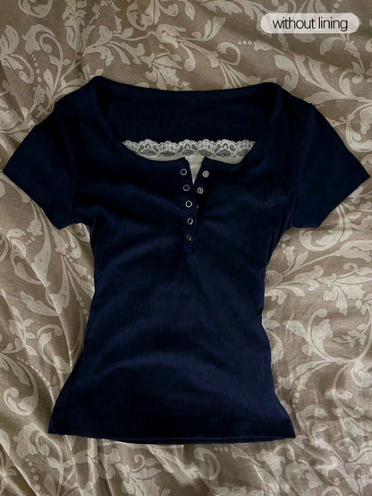 IslaSuriya Glimmora Y2KStyle Women's Casual Commuting Press Buttoned Short Sleeve Fitted T-Shirt, Without Lining, Summer