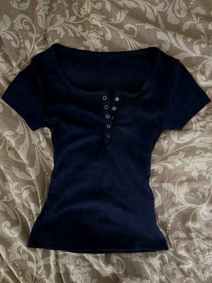 IslaSuriya Glimmora Y2KStyle Women's Casual Commuting Press Buttoned Short Sleeve Fitted T-Shirt, Without Lining, Summer