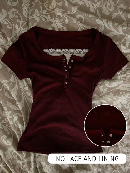 IslaSuriya Glimmora Y2KStyle Women's Casual Commuting Press Buttoned Short Sleeve Fitted T-Shirt, Without Lining, Summer