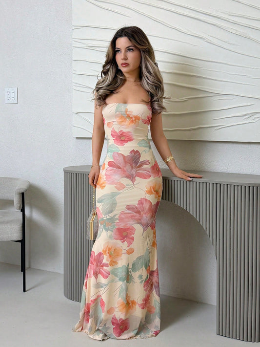 Jemour Women's Elegant Floral Print Backless Dress Summer Summer Outfits Summer Clothes Beach Outfits For Woman Beach Vacation Vacation Outfits Woman Boho Tropical Vacation Woman Clothe Tropical Vaca