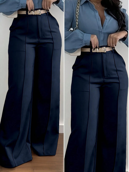 Jisfaneya Women's (No Belt) Solid-Color Zipper-Pocket Button-Front Casual Commuter Elegant, Fashionable, And Versatile Trousers