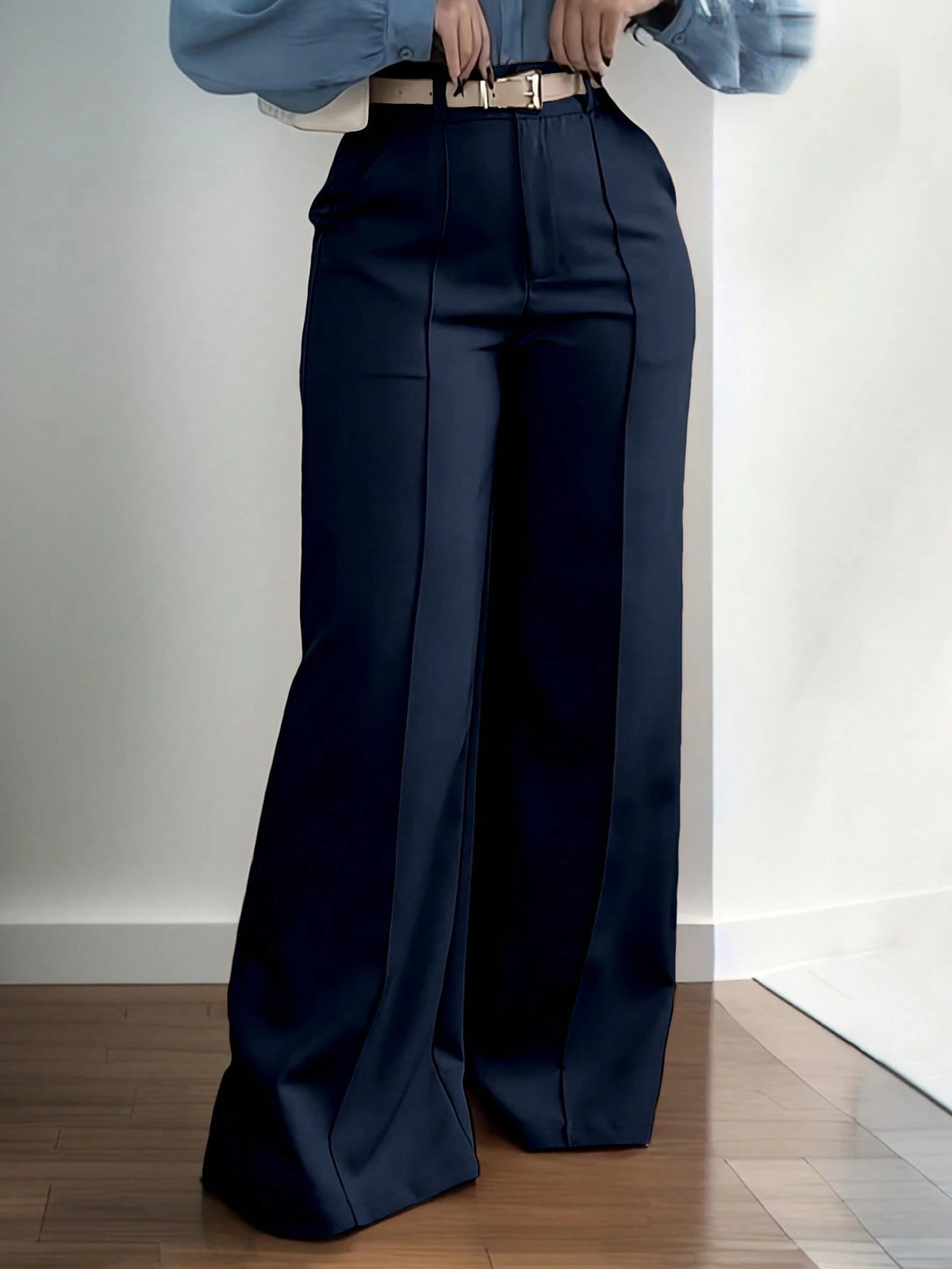 Jisfaneya Women's (No Belt) Solid-Color Zipper-Pocket Button-Front Casual Commuter Elegant, Fashionable, And Versatile Trousers