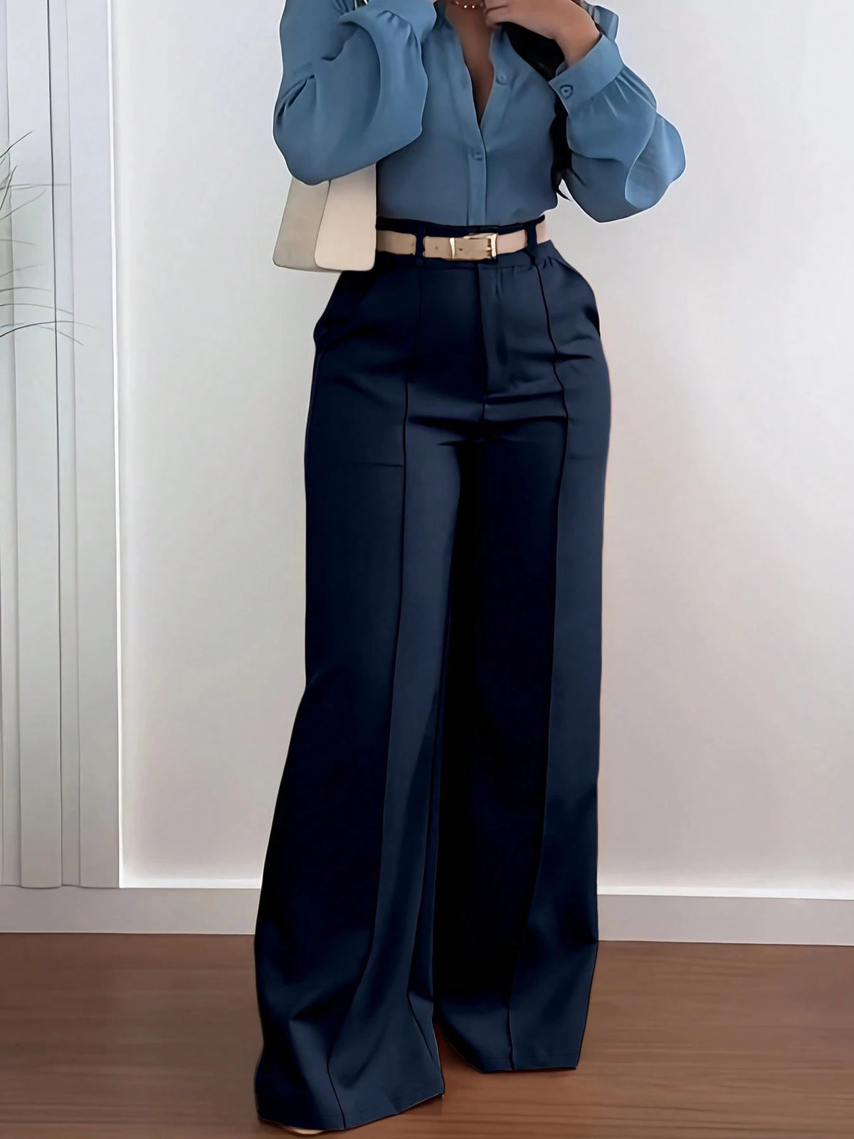 Jisfaneya Women's (No Belt) Solid-Color Zipper-Pocket Button-Front Casual Commuter Elegant, Fashionable, And Versatile Trousers