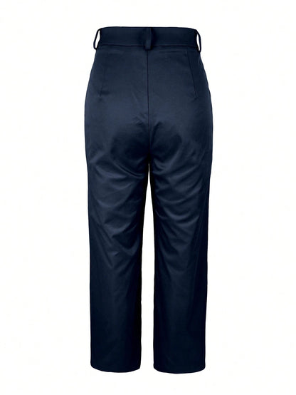 Jisfaneya Women's (No Belt) Solid-Color Zipper-Pocket Button-Front Casual Commuter Elegant, Fashionable, And Versatile Trousers