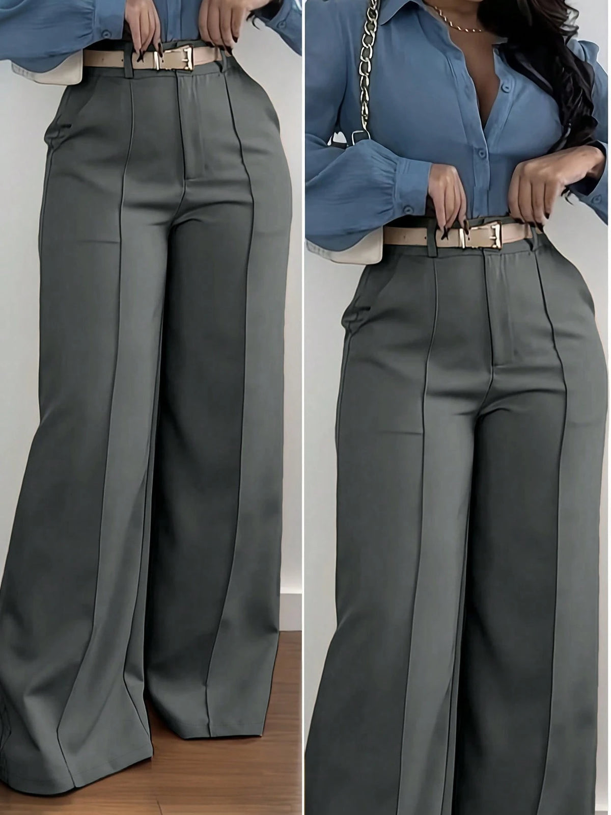 Jisfaneya Women's (No Belt) Solid-Color Zipper-Pocket Button-Front Casual Commuter Elegant, Fashionable, And Versatile Trousers