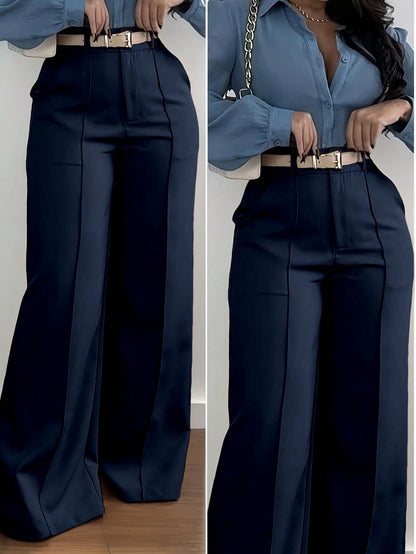 Jisfaneya Women's (No Belt) Solid-Color Zipper-Pocket Button-Front Casual Commuter Elegant, Fashionable, And Versatile Trousers