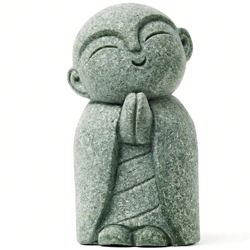 Jizo Statue, Little Monk Buddha Figurines For Zen Garden And Aquarium, Natural FSandssstone Sculpture With Tilt Smile, Meditation Decor For Home Office Desk, Grey (Jizo Monk)