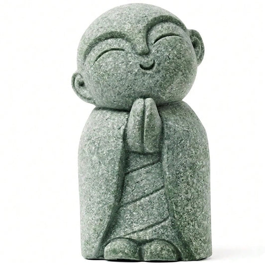 Jizo Statue, Little Monk Buddha Figurines For Zen Garden And Aquarium, Natural FSandssstone Sculpture With Tilt Smile, Meditation Decor For Home Office Desk, Grey (Jizo Monk)