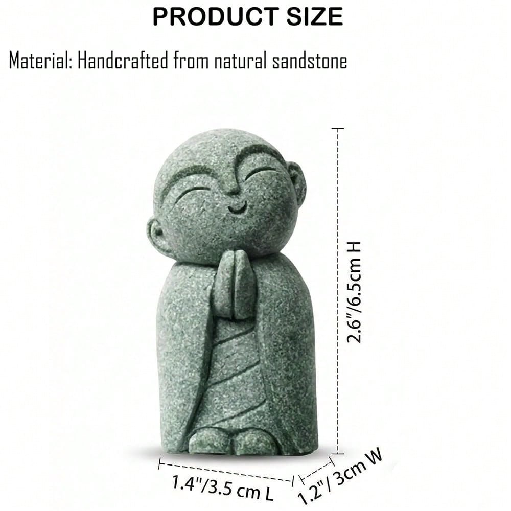 Jizo Statue, Little Monk Buddha Figurines For Zen Garden And Aquarium, Natural FSandssstone Sculpture With Tilt Smile, Meditation Decor For Home Office Desk, Grey (Jizo Monk)