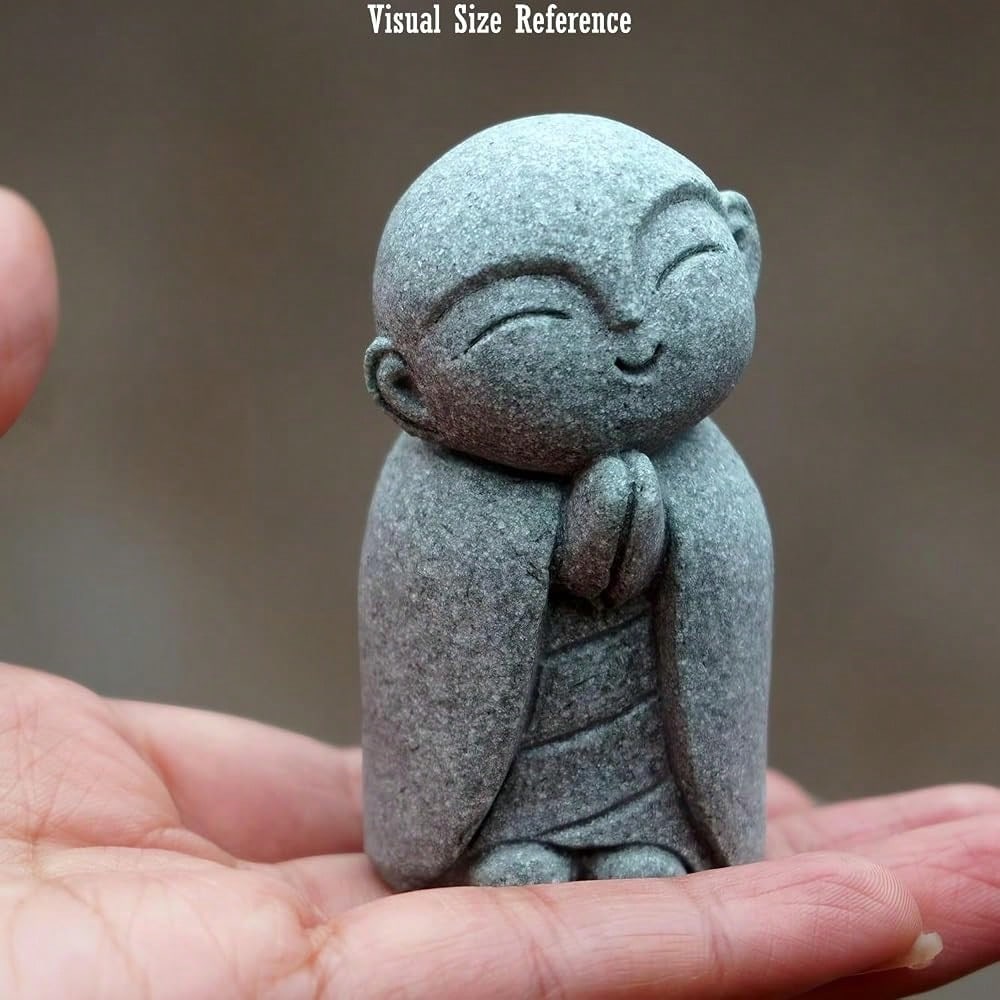 Jizo Statue, Little Monk Buddha Figurines For Zen Garden And Aquarium, Natural FSandssstone Sculpture With Tilt Smile, Meditation Decor For Home Office Desk, Grey (Jizo Monk)