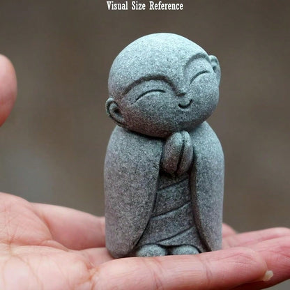 Jizo Statue, Little Monk Buddha Figurines For Zen Garden And Aquarium, Natural FSandssstone Sculpture With Tilt Smile, Meditation Decor For Home Office Desk, Grey (Jizo Monk)