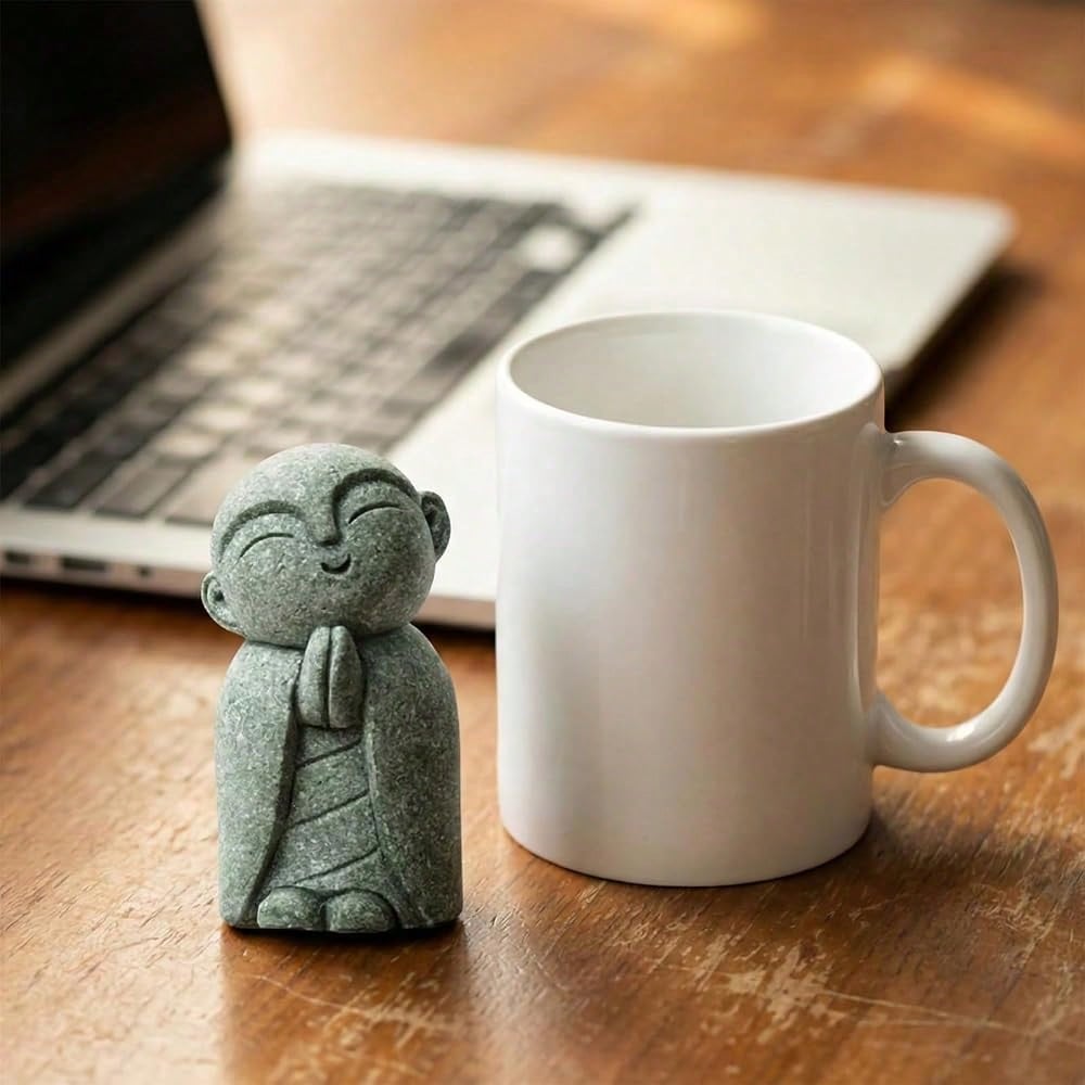 Jizo Statue, Little Monk Buddha Figurines For Zen Garden And Aquarium, Natural FSandssstone Sculpture With Tilt Smile, Meditation Decor For Home Office Desk, Grey (Jizo Monk)