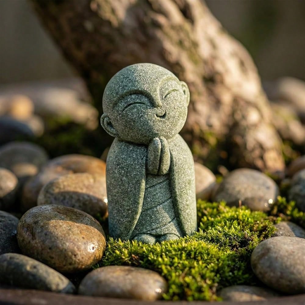 Jizo Statue, Little Monk Buddha Figurines For Zen Garden And Aquarium, Natural FSandssstone Sculpture With Tilt Smile, Meditation Decor For Home Office Desk, Grey (Jizo Monk)