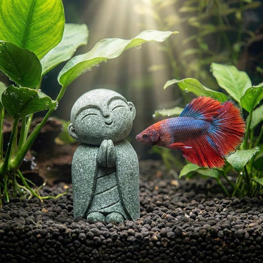 Jizo Statue, Little Monk Buddha Figurines For Zen Garden And Aquarium, Natural FSandssstone Sculpture With Tilt Smile, Meditation Decor For Home Office Desk, Grey (Jizo Monk)