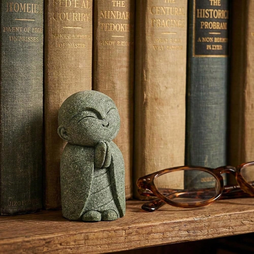 Jizo Statue, Little Monk Buddha Figurines For Zen Garden And Aquarium, Natural FSandssstone Sculpture With Tilt Smile, Meditation Decor For Home Office Desk, Grey (Jizo Monk)