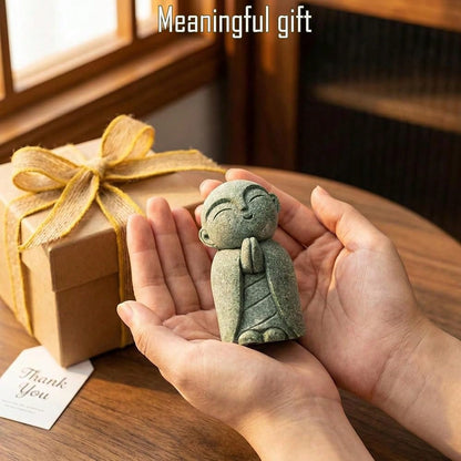 Jizo Statue, Little Monk Buddha Figurines For Zen Garden And Aquarium, Natural FSandssstone Sculpture With Tilt Smile, Meditation Decor For Home Office Desk, Grey (Jizo Monk)