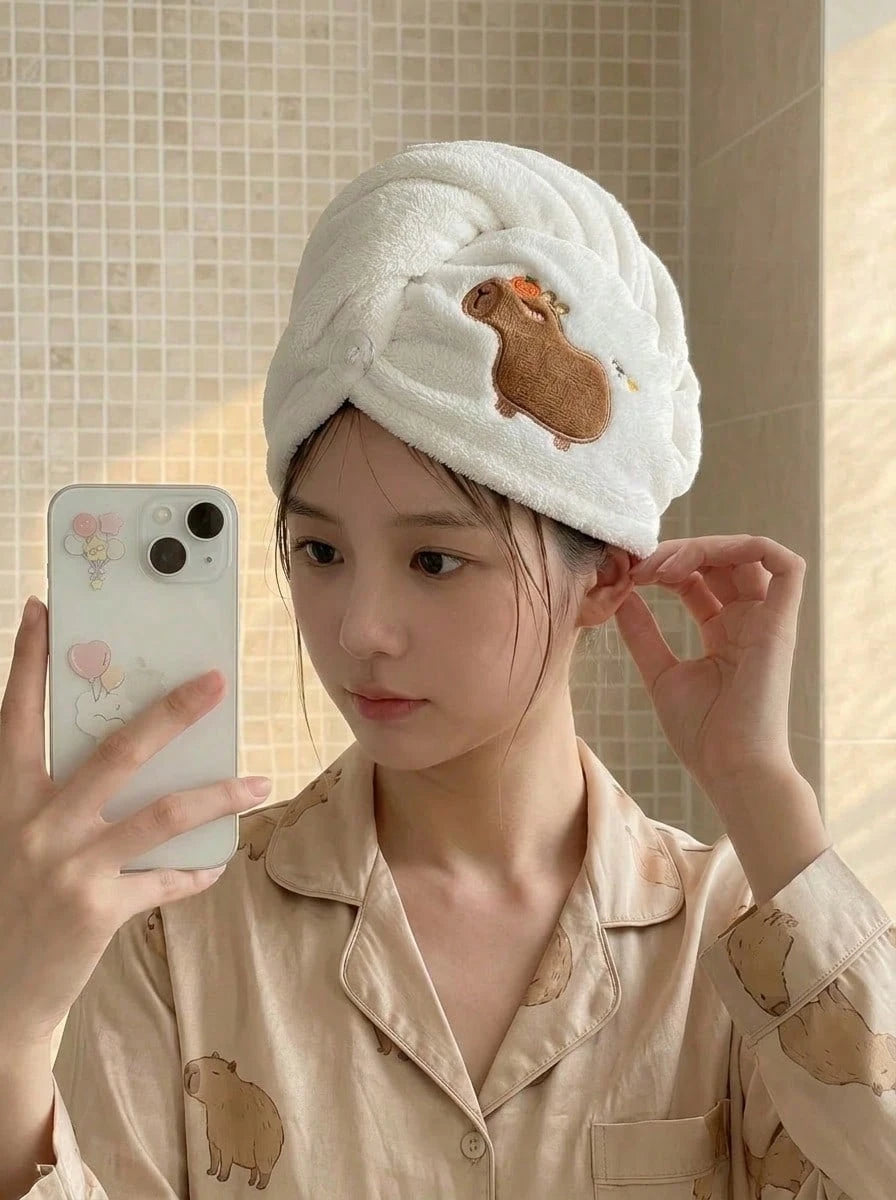 Joivida 1 Pc Cute Cartoon Capybara Plush Dry Hair Cap Good Absorbent Quick Dry Coral Velvet Shower Cap For Women Kawaii Hair Towel Home Bathroom Decor Summer Back To