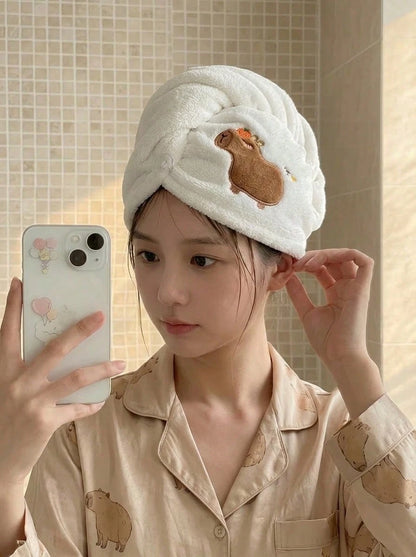 Joivida 1 Pc Cute Cartoon Capybara Plush Dry Hair Cap Good Absorbent Quick Dry Coral Velvet Shower Cap For Women Kawaii Hair Towel Home Bathroom Decor Summer Back To