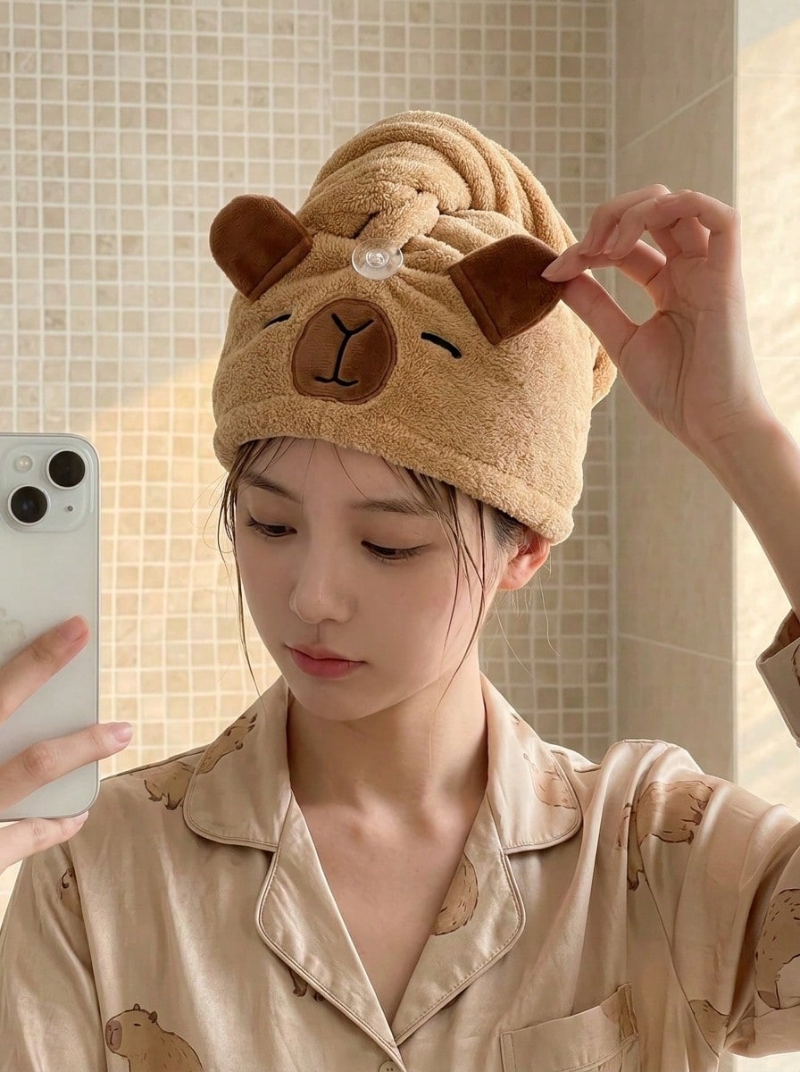 Joivida 1 Pc Cute Cartoon Capybara Plush Dry Hair Cap Good Absorbent Quick Dry Coral Velvet Shower Cap For Women Kawaii Hair Towel Home Bathroom Decor Summer Back To